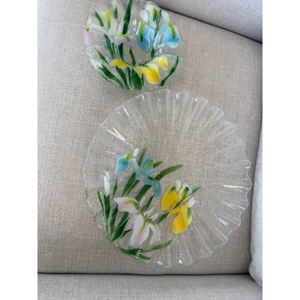 Vintage Sydenstricker Fused Art Glass Platter & Bowl Iris Signed